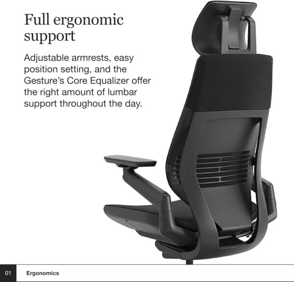 Steelcase Gesture Office Chair with Head Rest - Ergonomic Work Chair with Wheels for Hard Flooring - Comfortable Office Chair - Intuitive-to-Adjust Chairs for Desk - 360-Degree Arms - Licorice Fabric - Image 3
