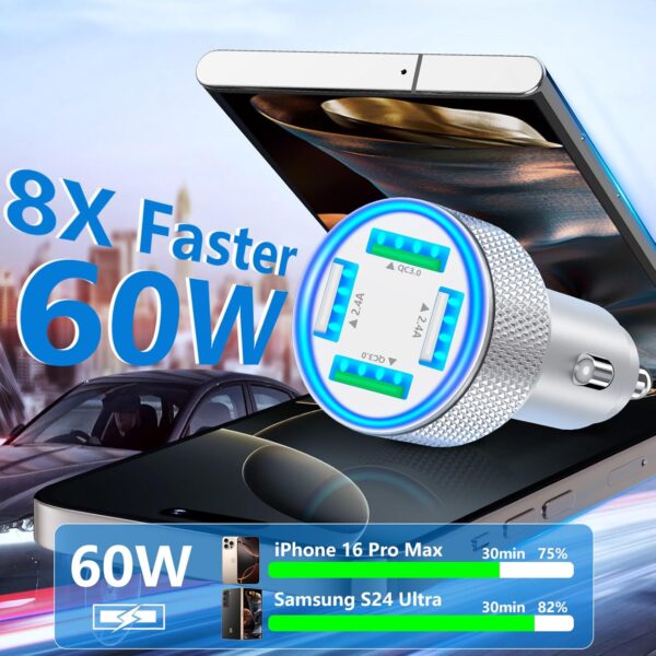 USB Car Charger, Stuffcool 60W Dual USB-A + QC3.0 Power Cigarette Lighter Adapter 4-Port Car Charger Carplay Fast Charging for iPhone 16 15 14 13 12 Pro XS Max XR/Galaxy S25 S24 S23 S22/Pixel 9 8/iPad - Image 4