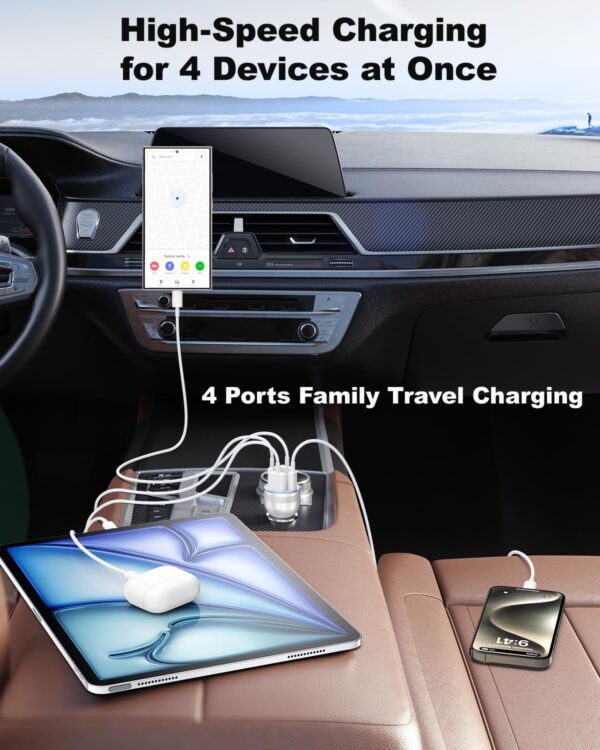 iPhone 16/15 Pro Max Plus Car Charger, Agtray 4-Port 65W USB C Car Charger Fast Charging Cigarette Lighter 12v Car Adapter & 6FT USB C Braided Cable for iPhone 16 15 Pro Max Plus, iPad Pro Air Mini - Image 3