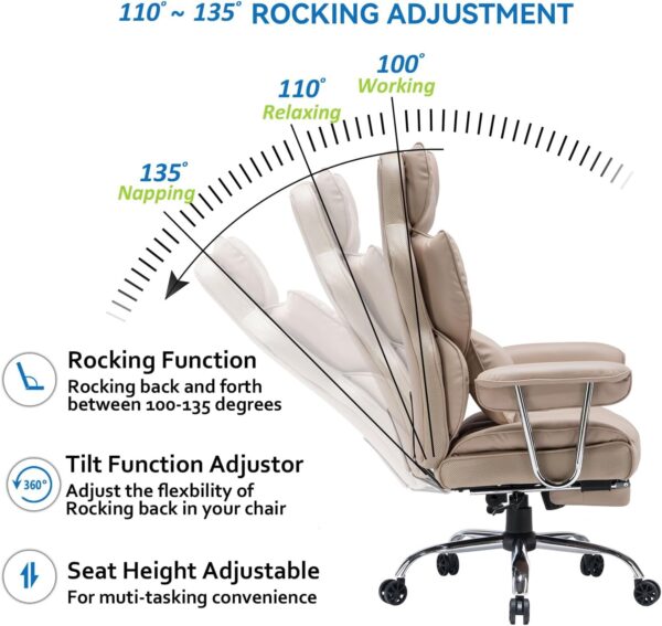 Efomao Big and Tall Office Chair 400lbs – PU Leather Executive Office Chair with Lumbar Support & Leg Rest, Heavy-Duty Computer Chair for Home Office, Dark Beige - Image 4