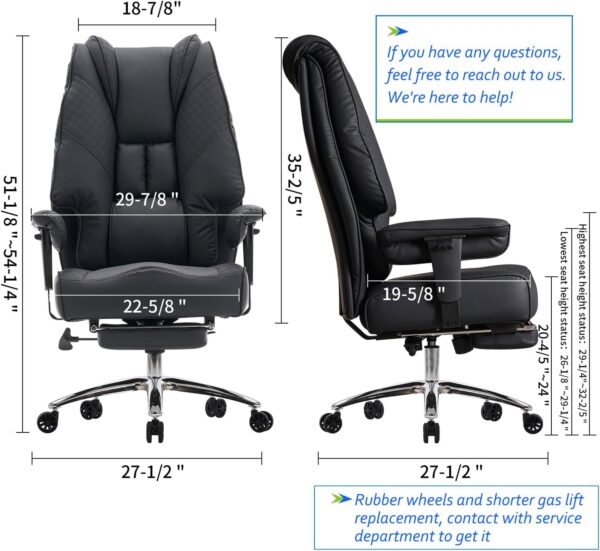 Big and Tall Office Chair 400lbs Wide Seat, Leather High Back Executive Office Chair with Foot Rest, Ergonomic Chairs Lumbar Support for Lower Back Pain Relief (Black) - Image 2
