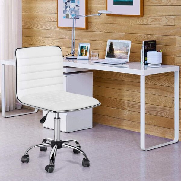 Yaheetech Adjustable Task Chair PU Leather Low Back Ribbed Armless Swivel White Desk Chair Office Chair Wheels - Image 8