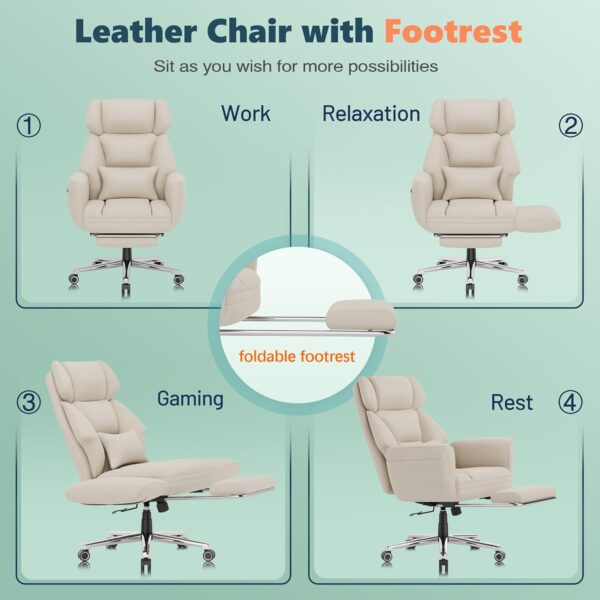 GABRYLLY Office Criss Cross Chair with Footrest, Big and Tall Executive Chair with Wide Seat,Reversible Armrest,Wheels, Lumbar Pillow and 120°Tilt,Computer Desk Chair for Gaming,Meditation,Ivory - Image 5