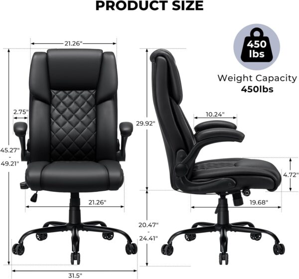Big and Tall Office Chair 450lbs Heavy Duty Ergonomic Executive Desk Chair with Adjustable Lumbar Support High Back Home Computer Leather Chair with Padded Flip-up Arms for Heavy People Black - Image 3