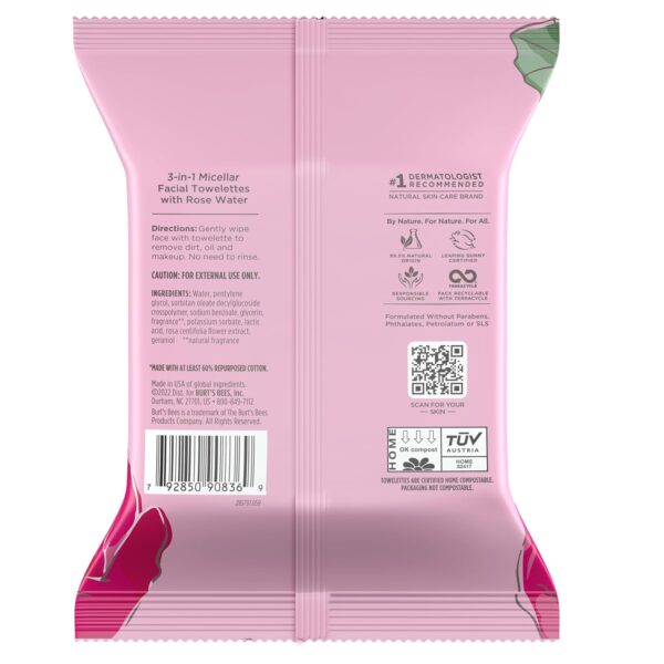 Burt's Bees, Rose Water Face Wipes, for All Skin Types, Hydrating Micellar Makeup Remover & Facial Cleansing Towelettes, 30 Count (1 Pack) - Image 14