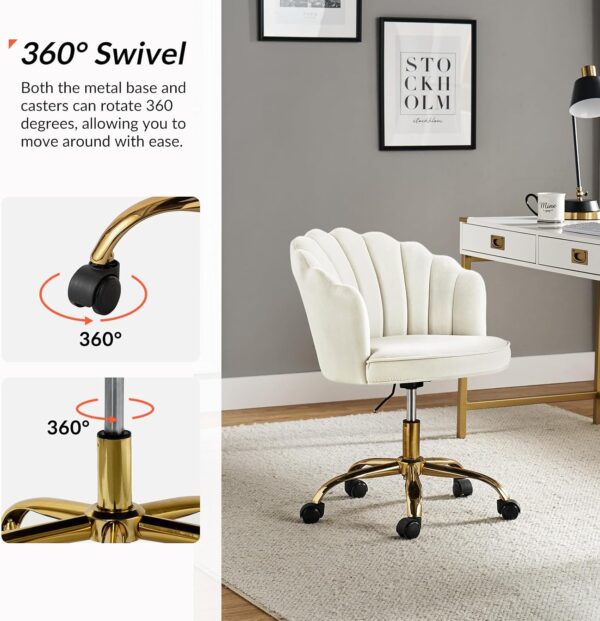 HULALA HOME Velvet Home Office Desk Chair with Gold Base, Adjustable Swivel Task Chair for Vanity, Women's Modern Cute Shell Back Upholstered Design, for Living Room, Ivory - Image 3