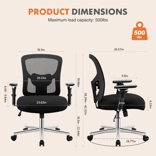 Sweetcrispy Ergonomic 500lbs Wide Heavy Duty Big and Tall Home Office Chair with Adjustable Lumbar Support and Wheels, 3D Armrest, for Adults - Image 3