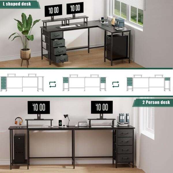 59 inch L Shaped Computer Desk with Power Outlets, Home Office Desk with 4 Adjustable Storage Drawers & 2 Monitor Stands, Two Person Gaming Table for Bedroom, Black - Image 7