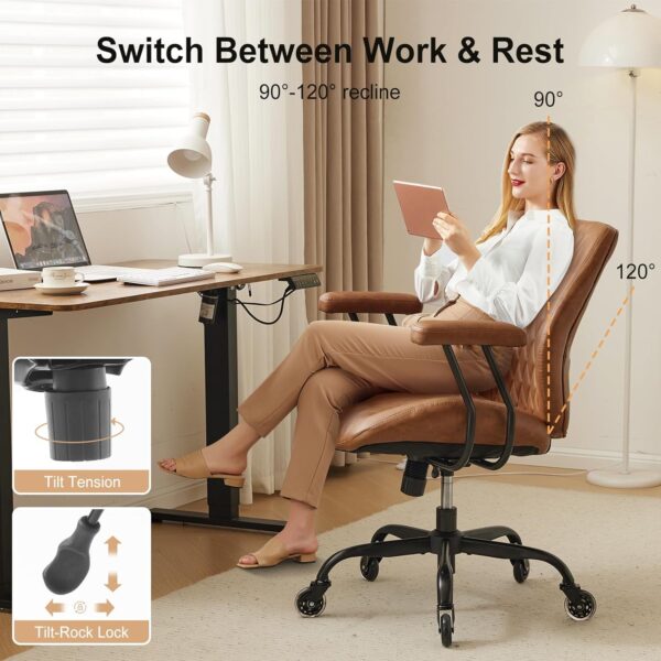 YFO Home Office Desk Chair Office Rubber Casters Ergonomic Computer Chair with Lumbar Support Adjustable Height Rolling Swivel Executive Task Armrests Chair， Brown Leather - Image 3