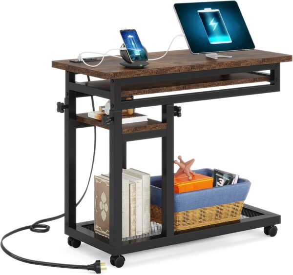 Tribesigns Small Portable Desk with Power Outlet, Height Adjustable Sofa Couch Bedside Laptop Table with Wheels, Mobile Standing Desk Rolling Computer Cart C Side Table with USB Ports - Image 9