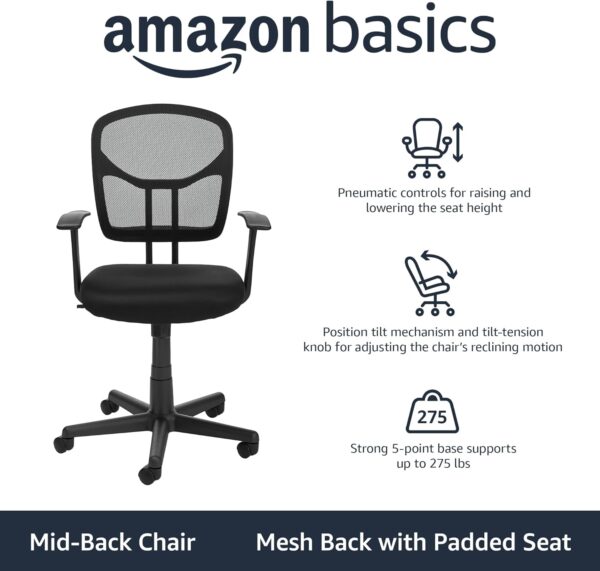Amazon Basics Mesh Mid-Back Adjustable-Height 360-Degree Swivel Office Desk Chair with Armrests, Lumbar Support and Easy to Assemble, Black - Image 4