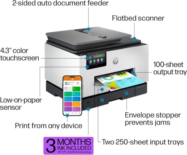 HP OfficeJet Pro 9135e All-in-One Printer, Color, Printer-for-Small Medium Business, Print, Copy, scan, fax, wireless. 3 month Instant Ink trial included ; Two-Sided Printing; Two-Side - Image 4