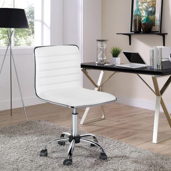 Yaheetech Adjustable Task Chair PU Leather Low Back Ribbed Armless Swivel White Desk Chair Office Chair Wheels - Image 2