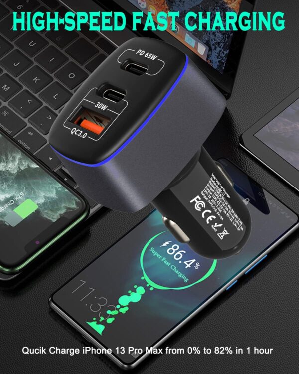 USB C Car Charger 95W, 3-Port PD 65W PPS 55W QC3.0 30W Fast Car Charger for iPhone 14/13/12/11 Pro Max, Samsung Galaxy, Google Pixel, MacBook/Laptop/iPad, Cigarette Lighter Adapter with Type-C Cable - Image 3