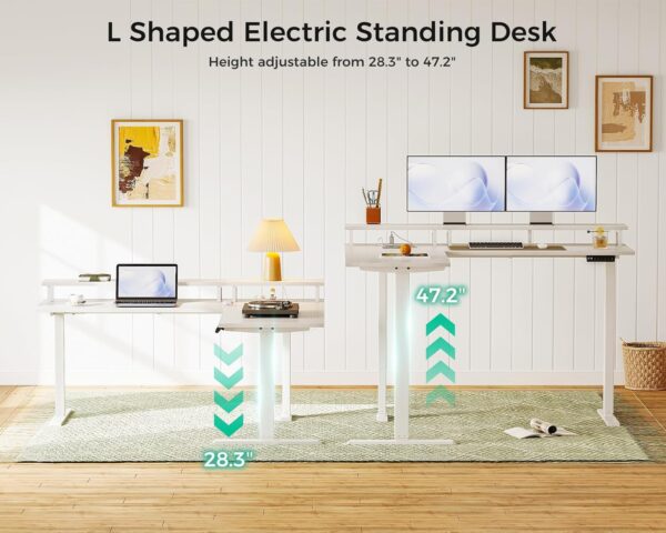 AODK Electric L-Shaped Standing Desk, 59 Inch Height Adjustable Office Desk with Monitor Stand, Sit-Stand Desk with Power Outlets, Large Lift Table for Home, Office, Workstation, White - Image 4