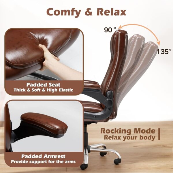 Executive Office Chair w/Flip-Up Arms Managerial Home Desk Chair w/Lumbar Support Adjustable PU Leather Ergonomic Computer Chair - Image 5