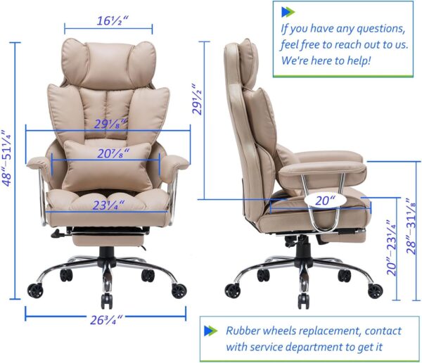 Efomao Big and Tall Office Chair 400lbs – PU Leather Executive Office Chair with Lumbar Support & Leg Rest, Heavy-Duty Computer Chair for Home Office, Dark Beige - Image 2