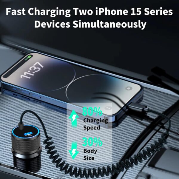 [Apple MFi Certified] iPhone 16 Fast Car Charger, KYOHAYA 90W Dual PD Power Cigarette Lighter USB-C Car Carplay Fast Charger with 6FT Coiled Type-C Cable for iPhone 16/16 Pro/16 Pro Max/15/15 Pro/iPad - Image 7