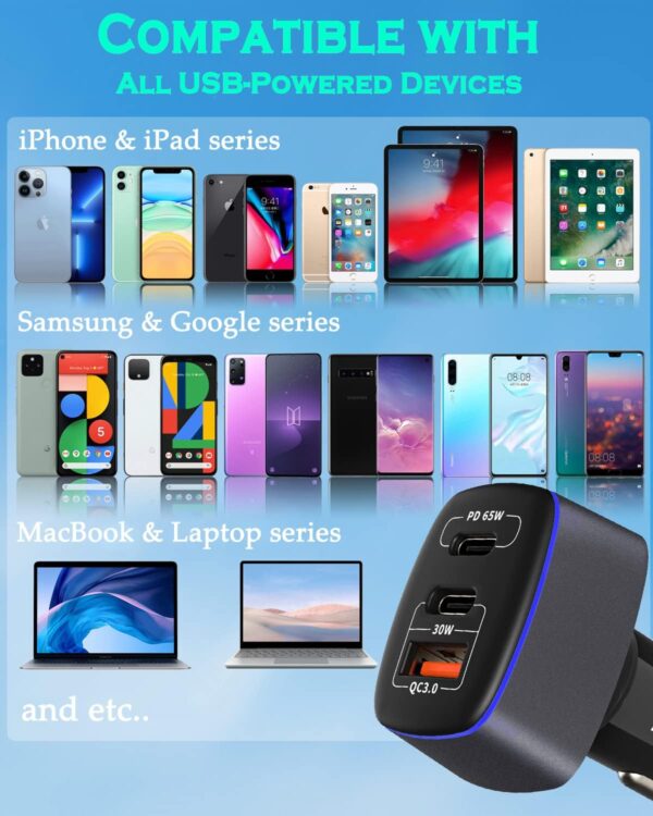 USB C Car Charger 95W, 3-Port PD 65W PPS 55W QC3.0 30W Fast Car Charger for iPhone 14/13/12/11 Pro Max, Samsung Galaxy, Google Pixel, MacBook/Laptop/iPad, Cigarette Lighter Adapter with Type-C Cable - Image 6