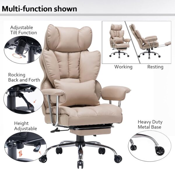 Efomao Big and Tall Office Chair 400lbs – PU Leather Executive Office Chair with Lumbar Support & Leg Rest, Heavy-Duty Computer Chair for Home Office, Dark Beige - Image 3