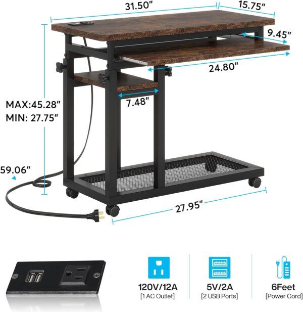Tribesigns Small Portable Desk with Power Outlet, Height Adjustable Sofa Couch Bedside Laptop Table with Wheels, Mobile Standing Desk Rolling Computer Cart C Side Table with USB Ports - Image 2