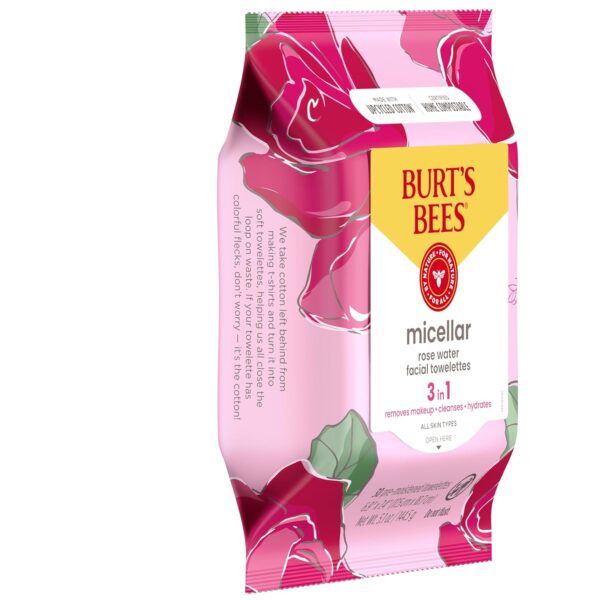 Burt's Bees, Rose Water Face Wipes, for All Skin Types, Hydrating Micellar Makeup Remover & Facial Cleansing Towelettes, 30 Count (1 Pack) - Image 13