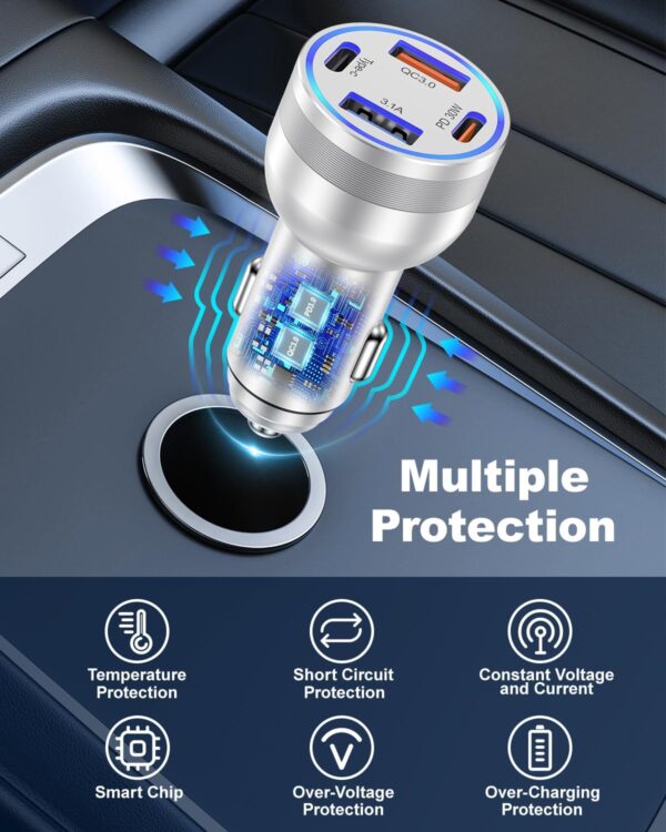 iPhone 16/15 Pro Max Plus Car Charger, Agtray 4-Port 65W USB C Car Charger Fast Charging Cigarette Lighter 12v Car Adapter & 6FT USB C Braided Cable for iPhone 16 15 Pro Max Plus, iPad Pro Air Mini - Image 8