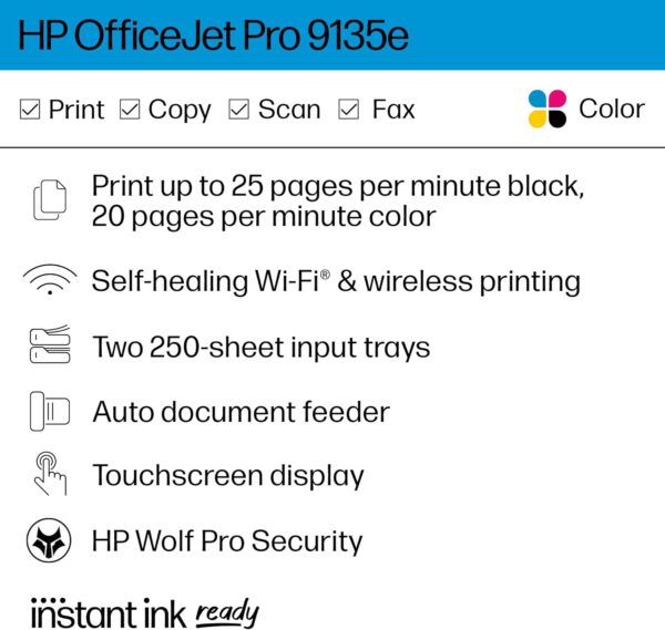HP OfficeJet Pro 9135e All-in-One Printer, Color, Printer-for-Small Medium Business, Print, Copy, scan, fax, wireless. 3 month Instant Ink trial included ; Two-Sided Printing; Two-Side - Image 2