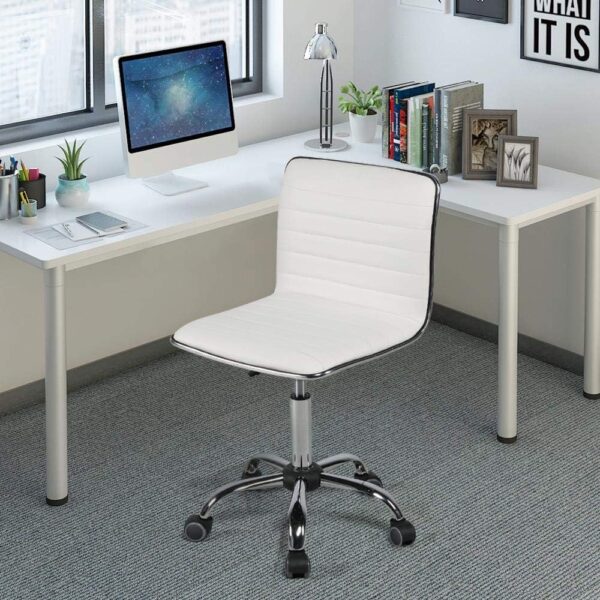 Yaheetech Adjustable Task Chair PU Leather Low Back Ribbed Armless Swivel White Desk Chair Office Chair Wheels - Image 6