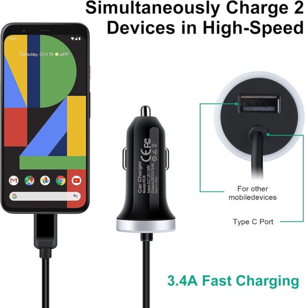 Type C Car Charger Fast Charging Cigarette Lighter Adapter for Samsung Galaxy S25 S24 S23 S22 S21 Ultra 5G S20 FE Note 20,A13 A14 A15 A53 A54, Google Pixel 8 7 6 8A 7A 6A&3FT USB Cable - Image 3