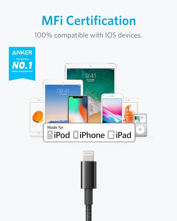 Anker 6 ft Premium Double-Braided Nylon Lightning Cable, Apple MFi Certified for iPhone Chargers, iPhone X/8/8 Plus/7/7 Plus/6/6 Plus/5s, iPad, iPad mini, and More (Black) - Image 2