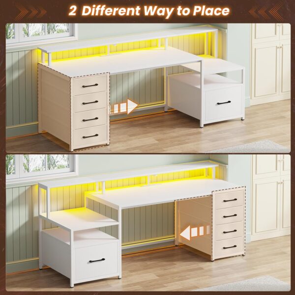 SEDETA White Computer Desk with 5 Drawer & Power Outlet, 66'' Home Office Desk with File Drawer, Storage Shelves, Printer Cabinet and Monitor Shelf, Gaming Desk with Led Lights - Image 4