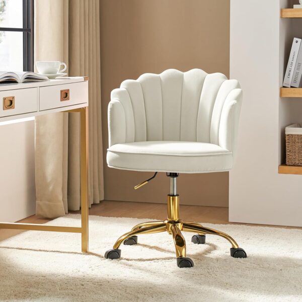 HULALA HOME Velvet Home Office Desk Chair with Gold Base, Adjustable Swivel Task Chair for Vanity, Women's Modern Cute Shell Back Upholstered Design, for Living Room, Ivory - Image 8