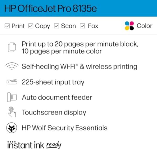 HP OfficeJet Pro 8135e Wireless All-in-One Color Inkjet Printer, Print, Scan, Copy, Fax, ADF, Duplex Printing, Best-for-Home Office, 3 month Instant Ink trial included (40Q35A) - Image 2