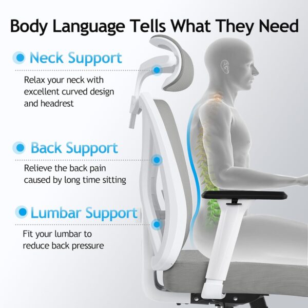 KERDOM Ergonomic Office Chair, Rolling Swivel Executive Desk Chair, Breathable Mesh Gaming Chair with Adjustable Headrest, 3D Armrest and Lumbar Support for Home Office LightGray - Image 5