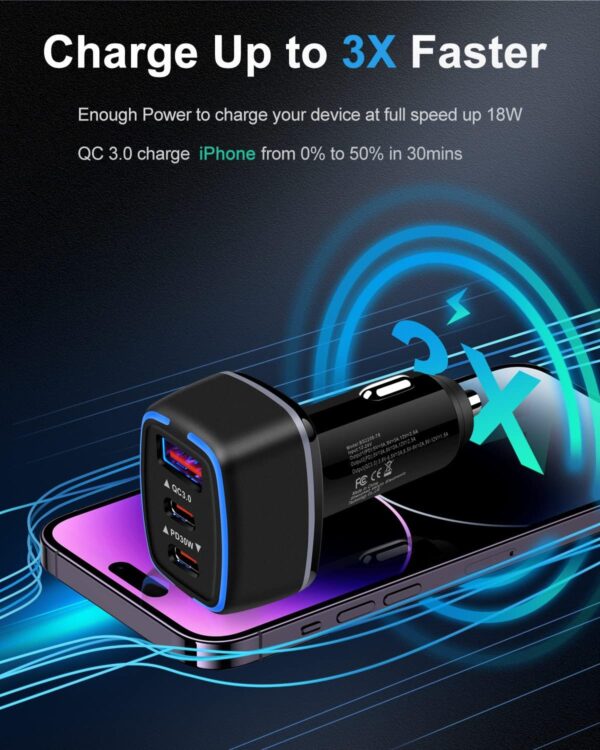 78W USB C Car Charger, Super Fast Charging Cigarette Lighter Adapter, 3 Port Power Delivery Auto Cargador for Samsung Galaxy S23 S22 Ultra, Apple iPhone 15 14 Pro Max 13, iPad, Google Pixel, Kindle - Image 3
