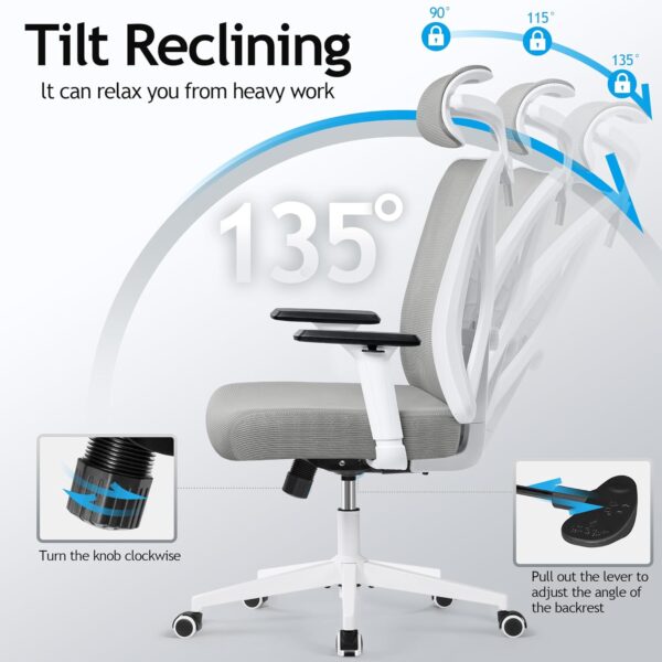 KERDOM Ergonomic Office Chair, Rolling Swivel Executive Desk Chair, Breathable Mesh Gaming Chair with Adjustable Headrest, 3D Armrest and Lumbar Support for Home Office LightGray - Image 6