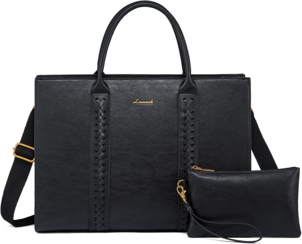 LOVEVOOK Laptop Bag for Women, Vintage Leather Work Bags, Professional Computer Bag Laptop Tote Bag, Business Handbag Office Briefcase Large Shoulder Purse, Black