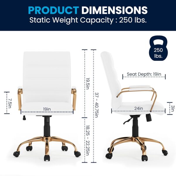 Flash Furniture Whitney Mid-Back Swivel LeatherSoft Desk Chair with Padded Seat and Armrests, Adjustable Height Padded Office Chair, White/Gold - Image 3