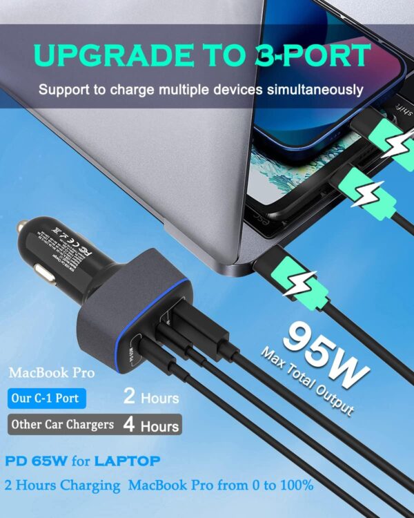 USB C Car Charger 95W, 3-Port PD 65W PPS 55W QC3.0 30W Fast Car Charger for iPhone 14/13/12/11 Pro Max, Samsung Galaxy, Google Pixel, MacBook/Laptop/iPad, Cigarette Lighter Adapter with Type-C Cable - Image 4