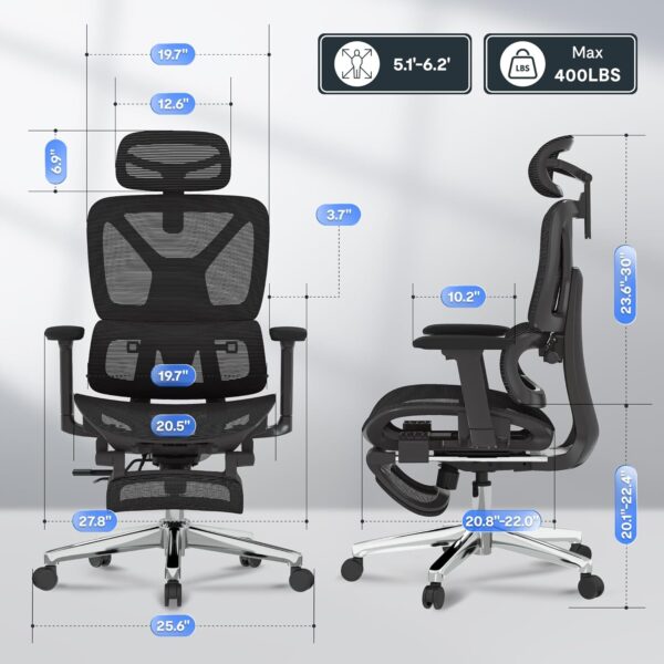 FLEXISPOT ErgoX Premium Ergonomic Office Chair with Footrest- Adjustable 3D Armrests, Dynamic Lumbar Support, Recline & Tilt Function, Mesh Seat, for Home & Office Use,Black - Image 2