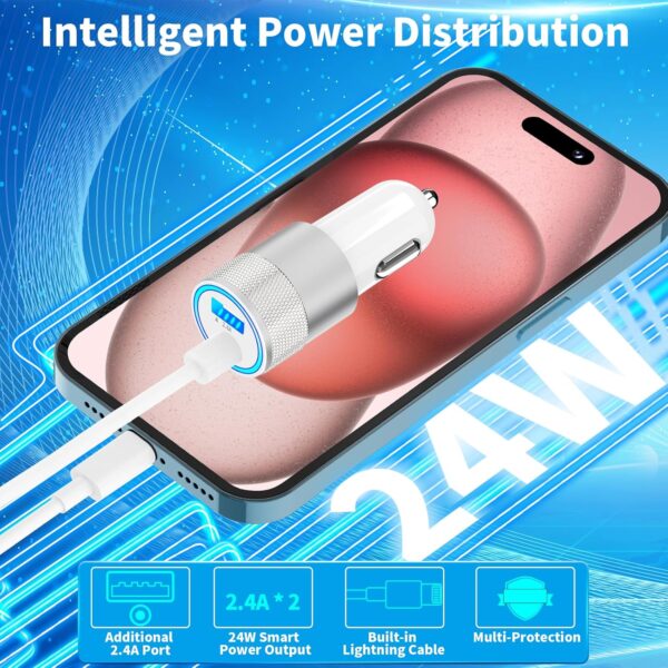 【MFi Certified】iPhone Fast Car Charger, Caiinei 4.8A Dual USB Power Cigarette Lighter iPhone Car Charger Fast Charging Adapter + 6FT Lightning Cable for iPhone 14 13 12 11 Pro Max XS Mini XR X SE iPad - Image 4