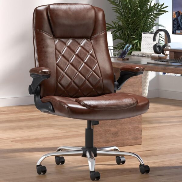 Executive Office Chair w/Flip-Up Arms Managerial Home Desk Chair w/Lumbar Support Adjustable PU Leather Ergonomic Computer Chair - Image 2
