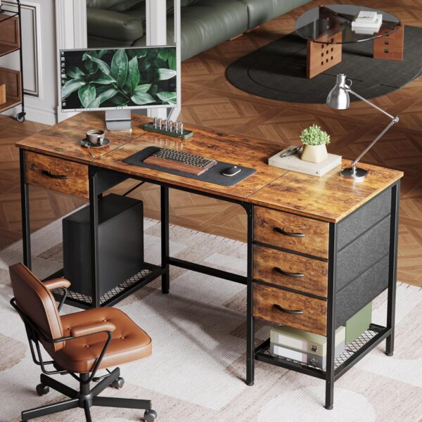Huuger 55 Inch Computer Desk with 4 Drawers, Office Desk with Mesh Shelf, Gaming Desk, Large Storage, Writing Desk Work Desk for Home Office, Study, Bedroom, Work from Home, Rustic Brown - Image 9