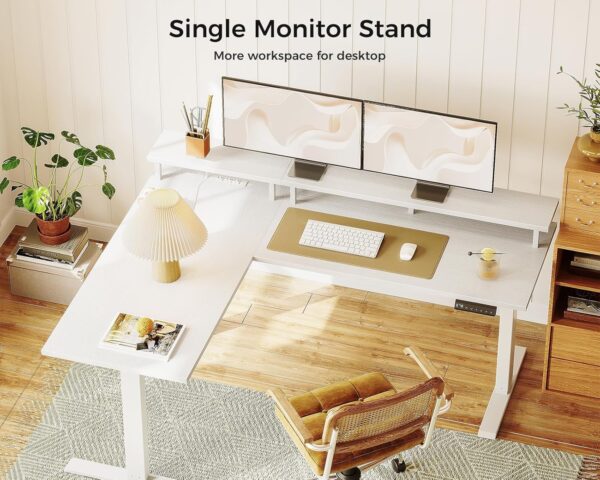 AODK Electric L-Shaped Standing Desk, 59 Inch Height Adjustable Office Desk with Monitor Stand, Sit-Stand Desk with Power Outlets, Large Lift Table for Home, Office, Workstation, White - Image 6