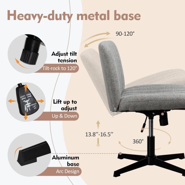 SUNLEI Cross Legged Office Chair, Armless Wide Chair's for Vanity Desk, Criss Cross Comfy Chairs with Back, Desk Chair/s of Height Adjustable Swivel, Light Grey - Image 5