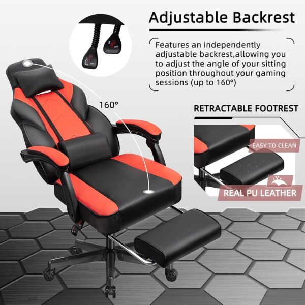 Shintenchi Gaming Chair,Video Game Chair with footrest and Massage Lumbar Support,Height Adjustable Game Chair with 360°Swivel Seat Ergonomic Computer Chair with Headrest for Office or Gaming(Red) - Image 6