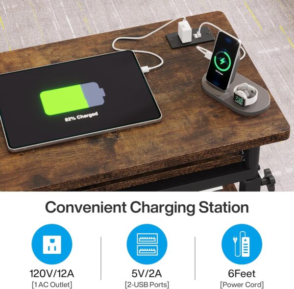 Tribesigns Small Portable Desk with Power Outlet, Height Adjustable Sofa Couch Bedside Laptop Table with Wheels, Mobile Standing Desk Rolling Computer Cart C Side Table with USB Ports - Image 6