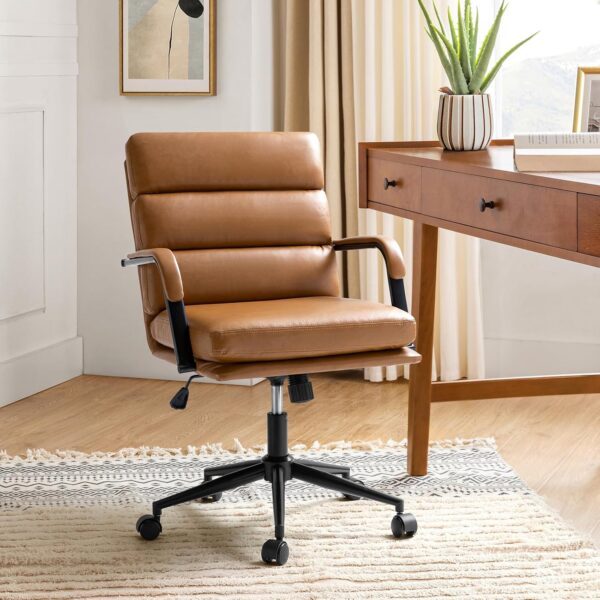 HULALA HOME Modern Faux Leather Home Office Chair with Tilt Lock & Metal Base, Desk Chair with Wheels & Padded Cushion, 360° Swivel Wide Seat Computer Task Chair, Camel - Image 3