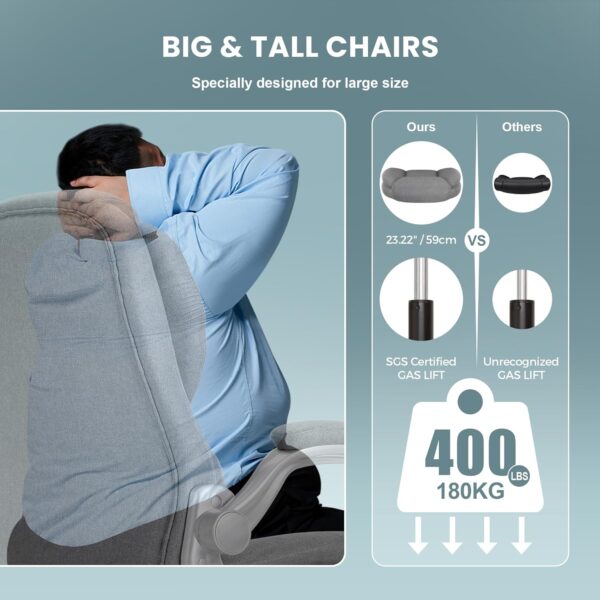 Executive Office Chair, Ergonomic Big and Tall Computer Desk Chair, High Back with Padded Flip-up Armrest, Lumbar Support Swivel Rolling Chair (Gray) - Image 5